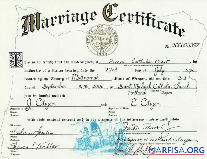 Printable USA oregon marriage cert example